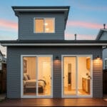 Grey two-story ADU at sundown with the lights on and interior visible.
