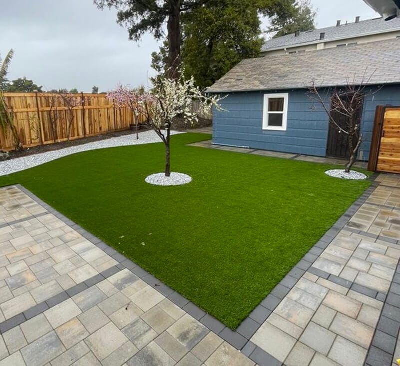 Backyard of Blue house with Checkered walkway and golf-ready grass.